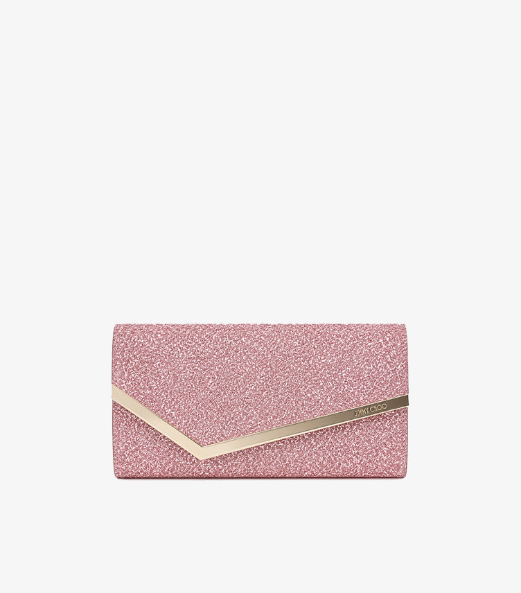 Jimmy Choo pink glitter envelope clutch bag with gold-tone trim on white background