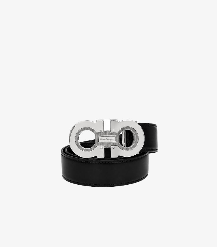Front view of Salvatore Ferragamo men’s Reversible black and brown belt with polished silver-tone double Gancini buckle