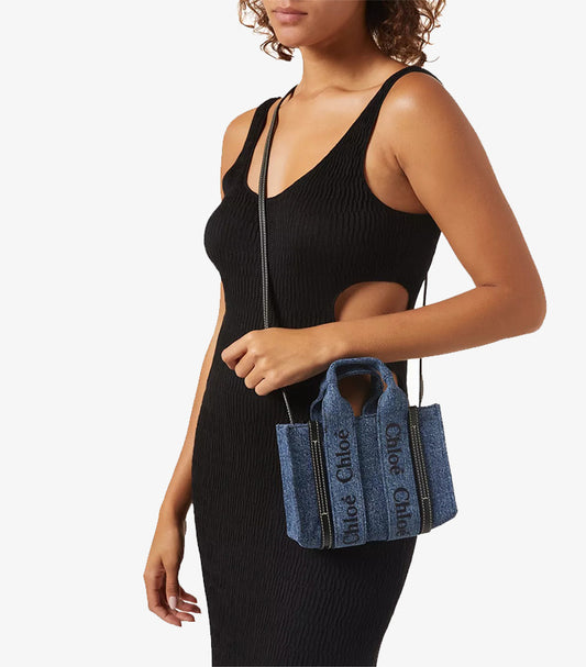 CHLOE WOODY NANO TOTE BAG – DENIM BLUE | LUXURY MINI CROSSBODY TOTE WITH LOGO DETAIL
