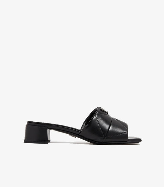 Prada Women's Black Quilted Leather Mule Heels Side View