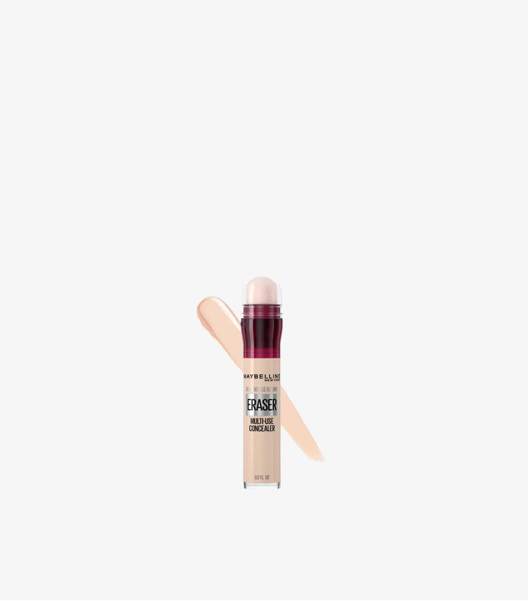 Maybelline Instant Age Rewind Eraser Multi-Use Concealer in Shade 110 with cushion-tip applicator and swatch on white background