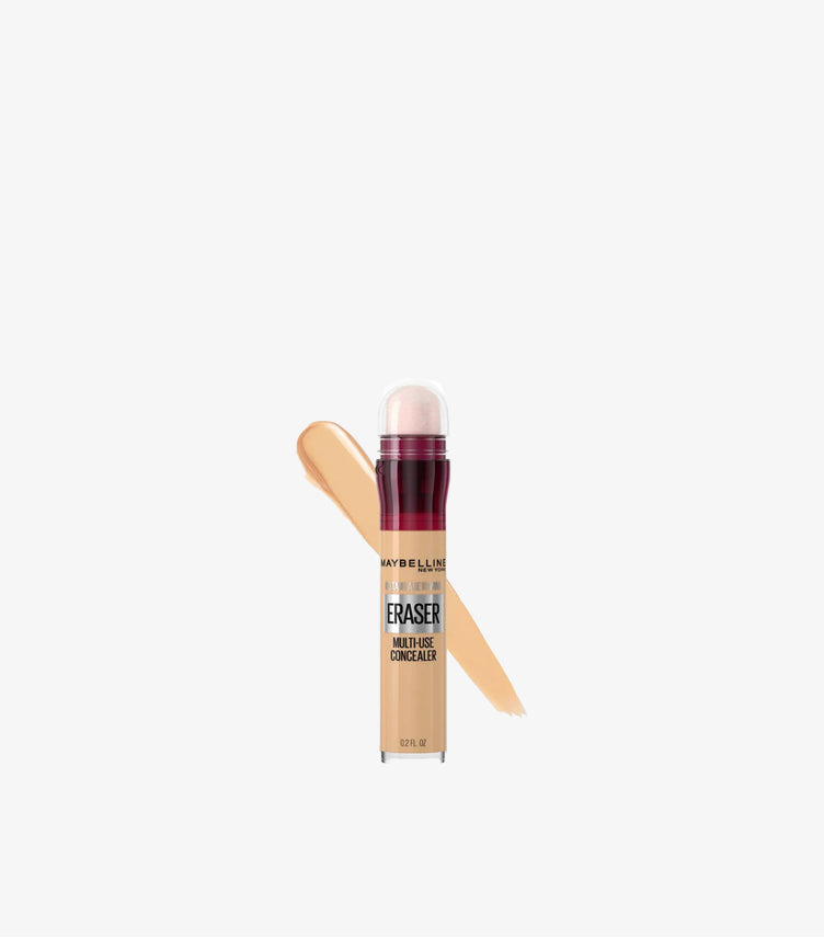 Maybelline Instant Age Rewind Eraser Multi-Use Concealer in Shade 122 with cushion applicator and swatch on white background