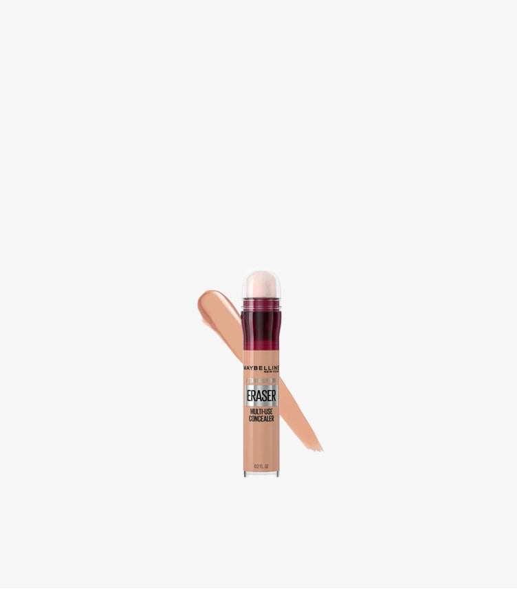 Maybelline Instant Age Rewind Eraser Multi-Use Concealer in Shade 140 with cushion applicator and swatch on white background