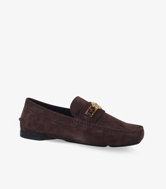 VERSACE SUEDE MEDUSA DRIVING LOAFERS