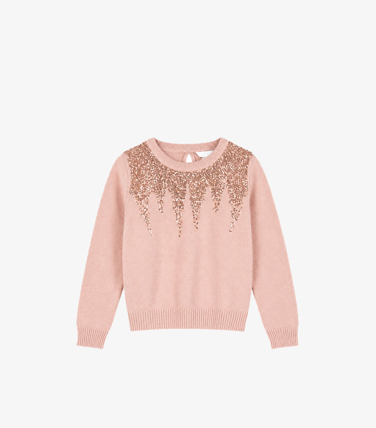 Front view of Primark girls’ blush pink round-neck jumper with sequin-covered shoulders and ribbed trims
