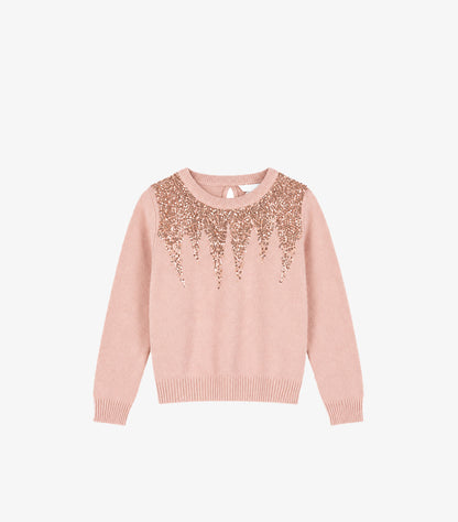Front view of Primark girls’ blush pink round-neck jumper with sequin-covered shoulders and ribbed trims