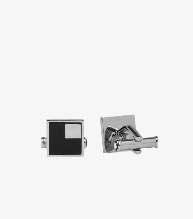 Montblanc black square stainless steel cufflinks front view