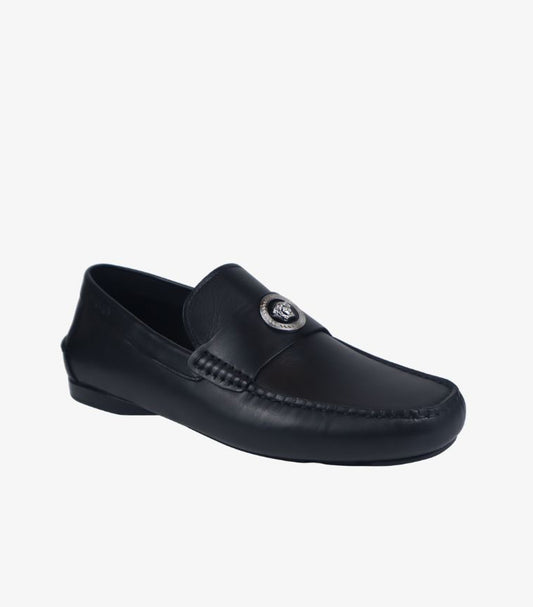 VERSACE MEDUSA LEATHER DRIVE SHOE IN BLACK CALF LEATHER