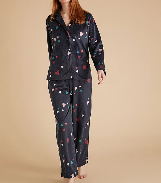 MARKS & SPENCER FLEECE HEART PRINT PYJAMA SET