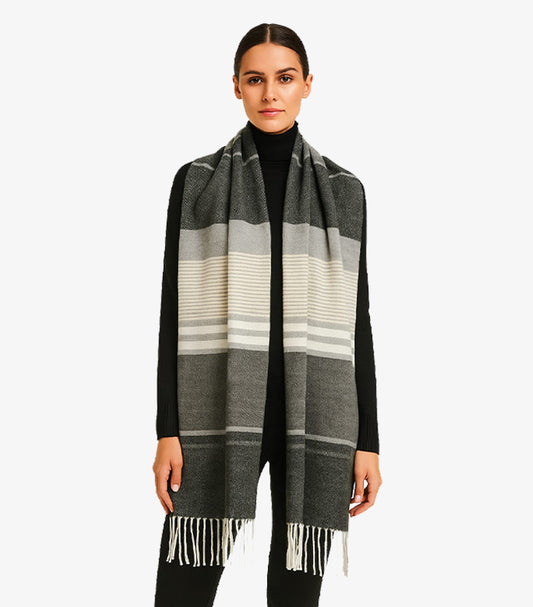 CALVIN KLEIN WOMEN'S GREY AND CREAM STRIPED SHAWL