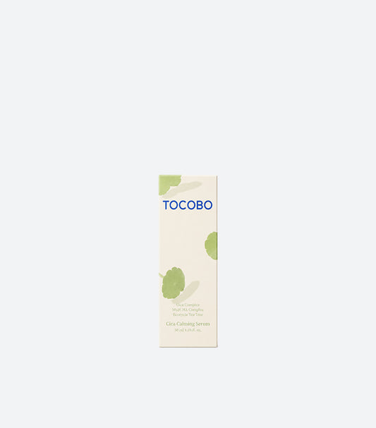 TOCOBO Cica Calming Serum 50ml Box with Centella Cica Complex Multi HA Complex and Ecocycle Tea Tree — Korean K-Beauty Soothing Face Serum in Eco-Friendly Cream Packaging with Botanical Leaf Print