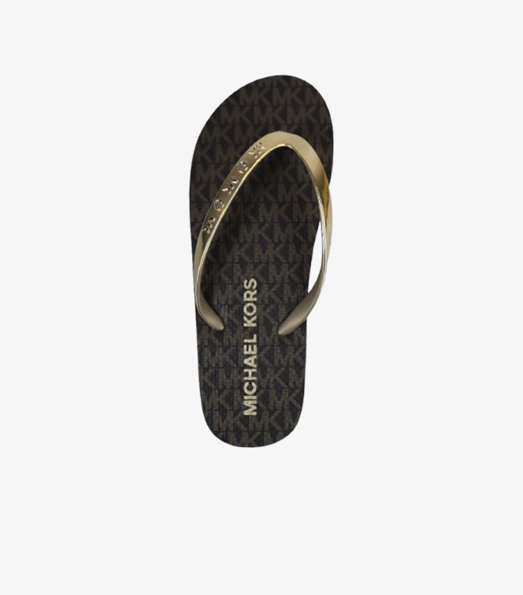 MICHAEL KORS BROWN MONOGRAM FLIP FLOPS WITH GOLD STRAP