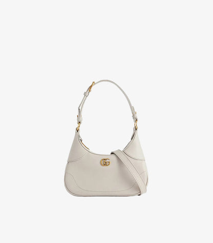 Gucci Aphrodite Small white leather shoulder bag front view with gold hardware and brand plaque