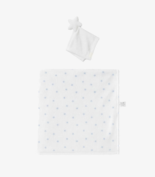 DKNY JEANS WHITE PLUSH BABY BLANKET SET WITH BLUE AND GREY STARS
