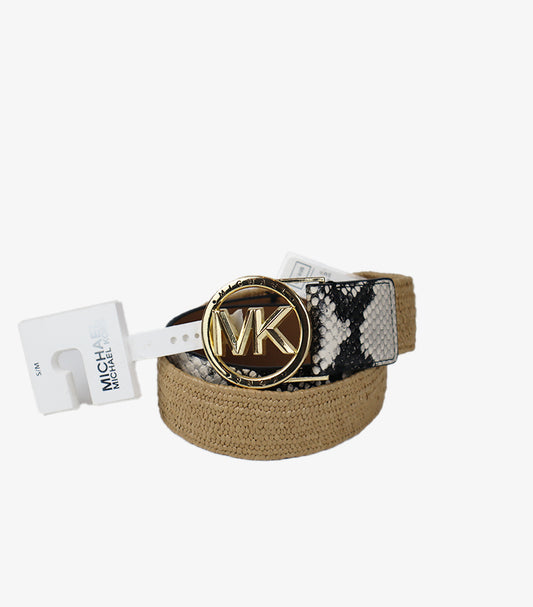 MICHAEL KORS (MK) LOGO BUCKLE TEXTURED BELT – BEIGE & GOLD
