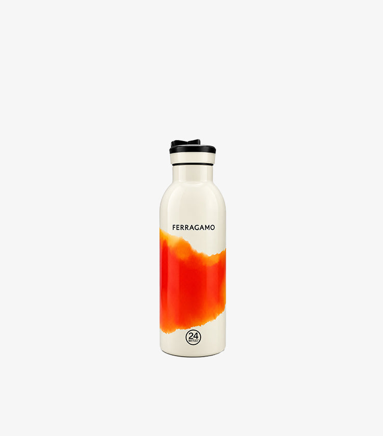 Front view of Ferragamo x 24Bottles Clima bottle featuring an orange and red brushstroke print