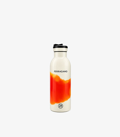 Front view of Ferragamo x 24Bottles Clima bottle featuring an orange and red brushstroke print