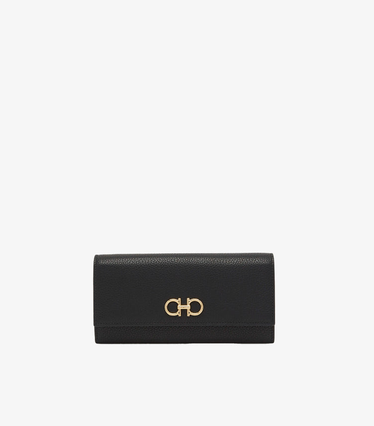 FERRAGAMO GANCINO FLAP LEATHER CLUTCH ON CHAIN