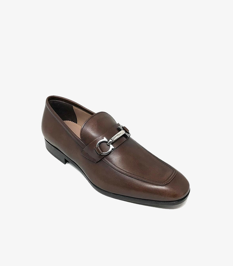 FERRAGAMO BROWN LEATHER GANCINI LOAFERS