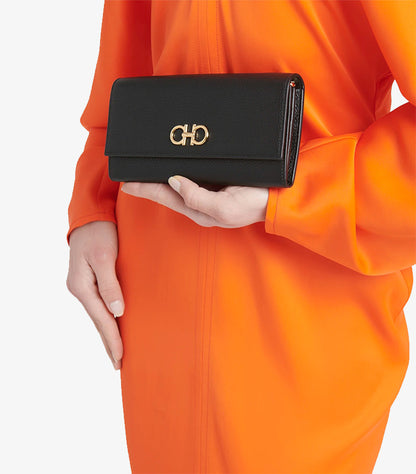 FERRAGAMO GANCINO FLAP LEATHER CLUTCH ON CHAIN