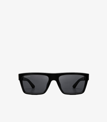Front view of Gucci black rectangular sunglasses with dark tinted lenses and a structured full-rim frame
