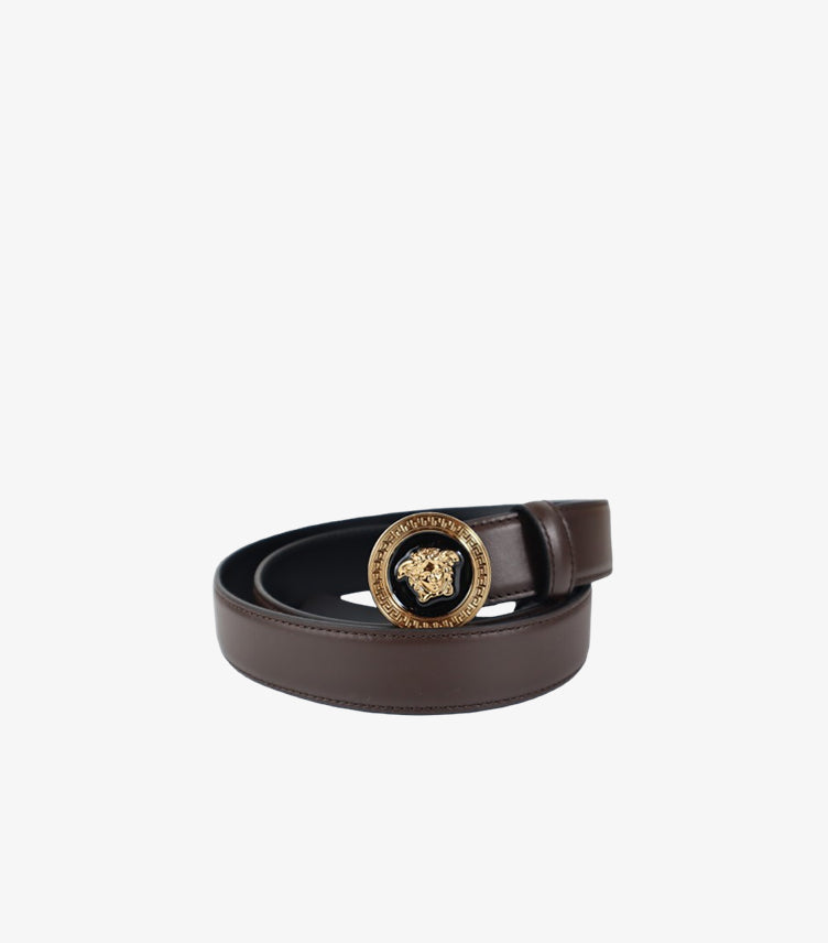 VERSACE MEN’S MEDUSA LEATHER BELT – BROWN WITH GOLD-TONE BUCKLE