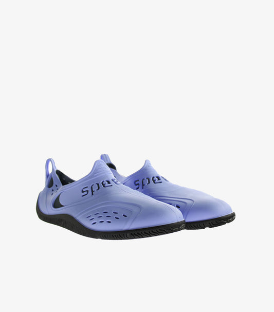 Pair of Speedo quick dry aqua water shoes in lavender and black isolated