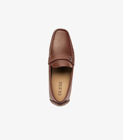 GUESS men's designer driving loafers featuring stitched moccasin toe, branded insole and signature logo detail