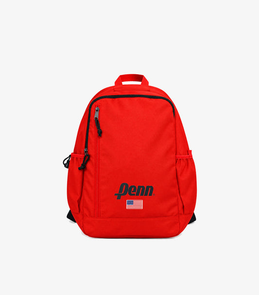 Front view of Primark Penn red logo backpack with multiple zip compartments, side pockets and top carry handle