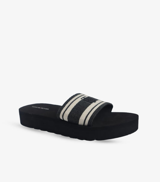 TORY BURCH WOMEN’S SLIDE – BLACK & CREAM STRIPED SLIP-ON