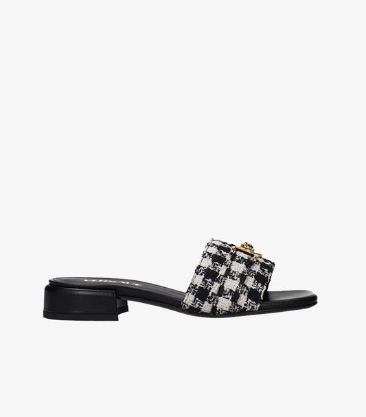 VERSACE WOMEN’S TWEED SLIDE SANDALS – BLACK & WHITE