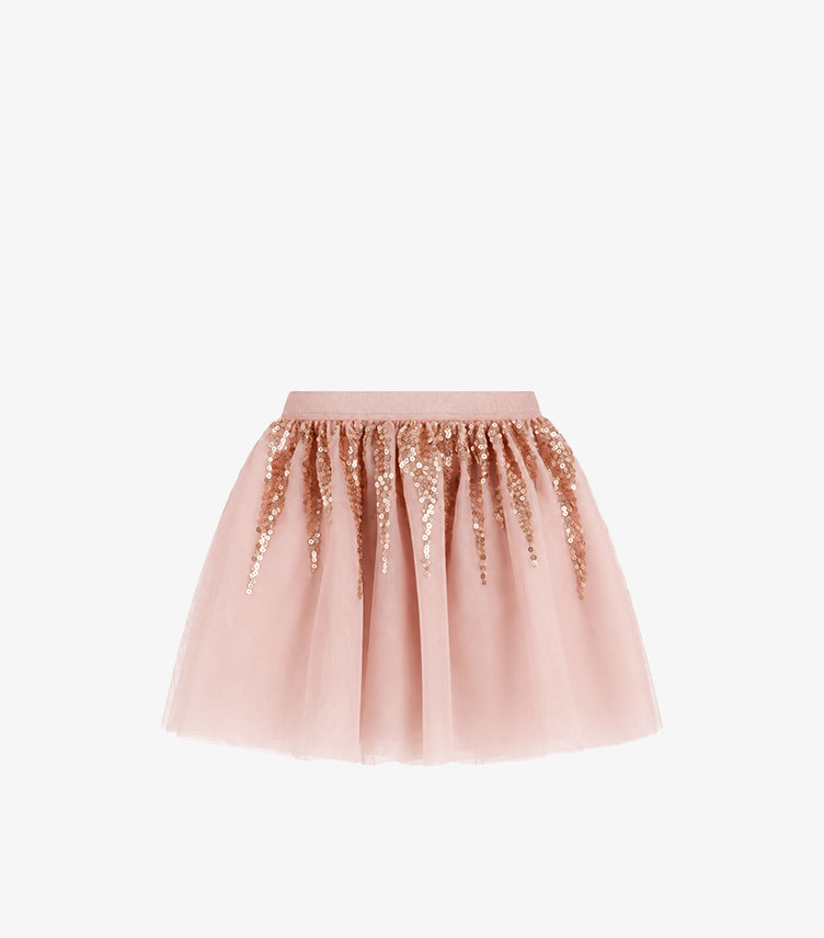Front view of Primark girls’ blush pink layered tulle skirt with rose-gold-tone sequin embellishment and elasticated waistband