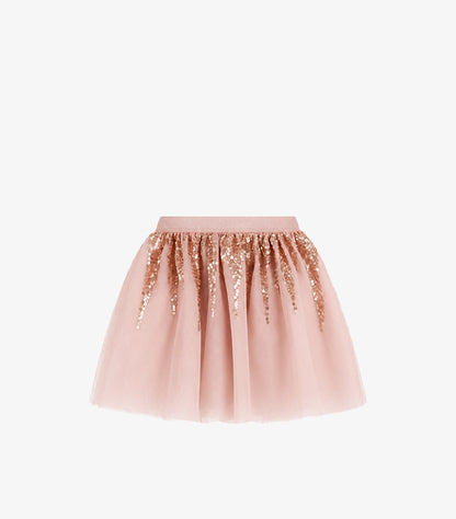 Front view of Primark girls’ blush pink layered tulle skirt with rose-gold-tone sequin embellishment and elasticated waistband