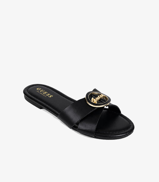 GUESS Women's Black Cross-Strap Flat Slide Sandal with Gold Logo Medallion Angled View
