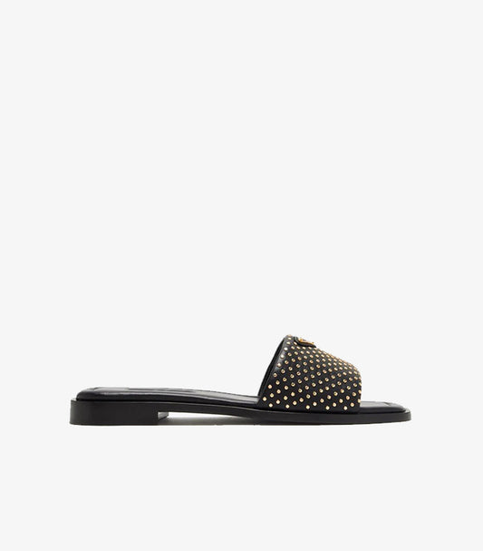 Prada black gold micro-stud leather flat slide sandal clean side profile view with triangle logo