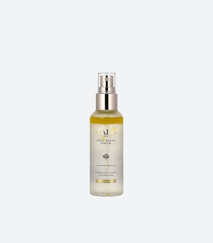 d'Alba Piedmont First Spray Serum Bottle – White Truffle 
Double Layer Formula Showing Golden Yellow Serum Layer 
with Rose Gold Mist Spray Nozzle and Clear Glass Bottle 
– K-Beauty Korean Skincare Hydrating Face Serum Product Shot
