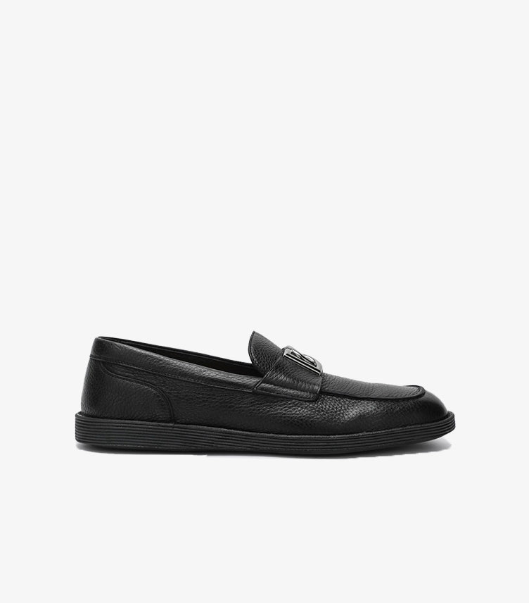 DOLCE & GABBANA BLACK LEATHER LOAFERS WITH DG LOGO
