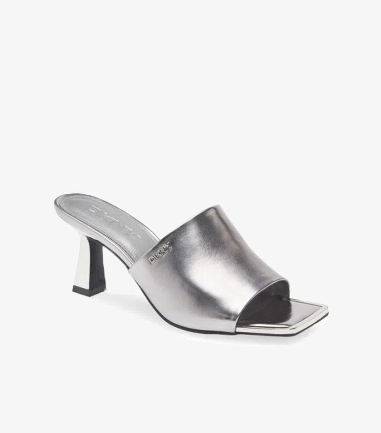 DKNY WOMEN’S METALLIC MULE HEELS – OPEN TOE BLOCK HEEL SANDALS