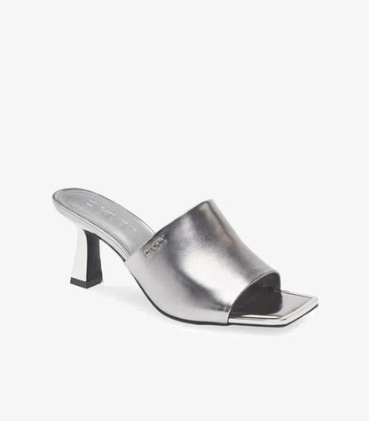 DKNY WOMEN’S METALLIC MULE HEELS – OPEN TOE BLOCK HEEL SANDALS