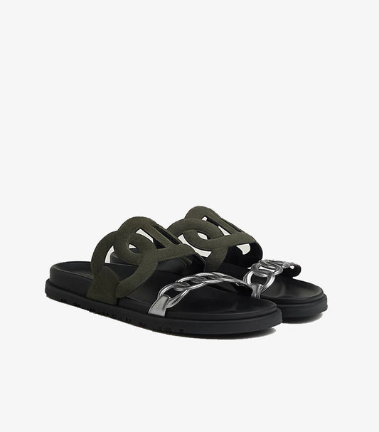 HERMES STYLISH WOMEN’S SUEDE CHAIN-LINK SLIDES