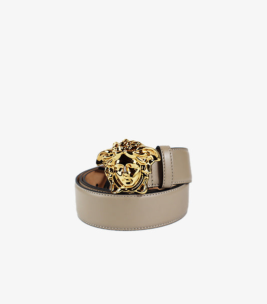 VERSACE MEN’S MEDUSA LEATHER BELT – TAUPE WITH GOLD-TONE BUCKLE