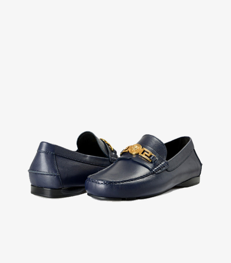 VERSACE NAVY BLUE CALF LEATHER LOAFERS MEN'S SHOES