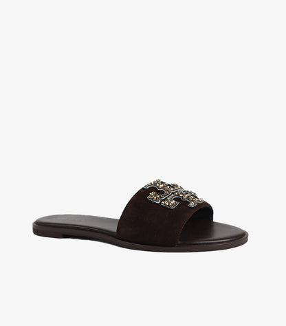 TORY BURCH EMBELLISHED LOGO SLIDE SANDALS – BROWN