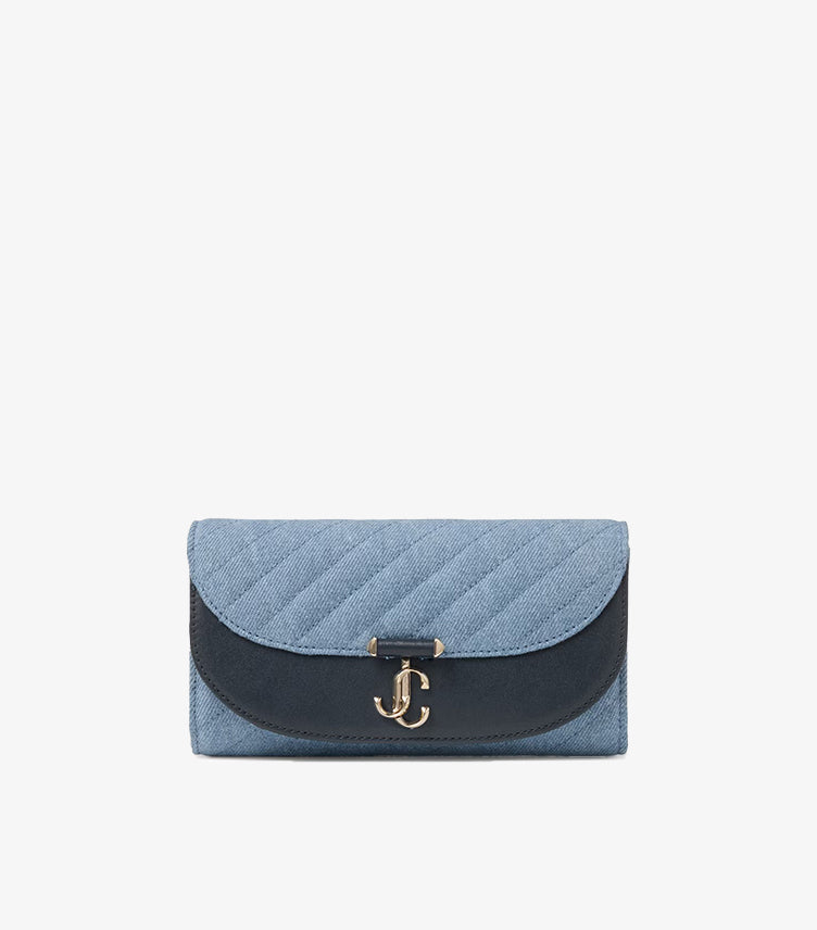 Jimmy Choo Denim Curve Wallet on Chain Muted Blue quilted leather front view