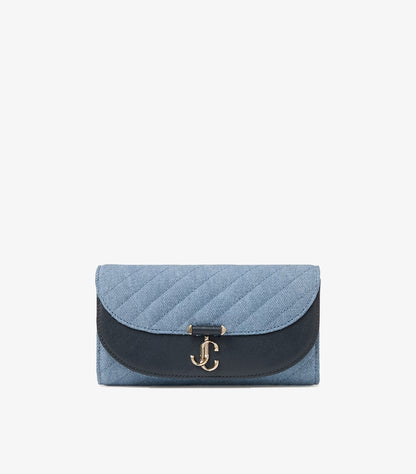 Jimmy Choo Denim Curve Wallet on Chain Muted Blue quilted leather front view