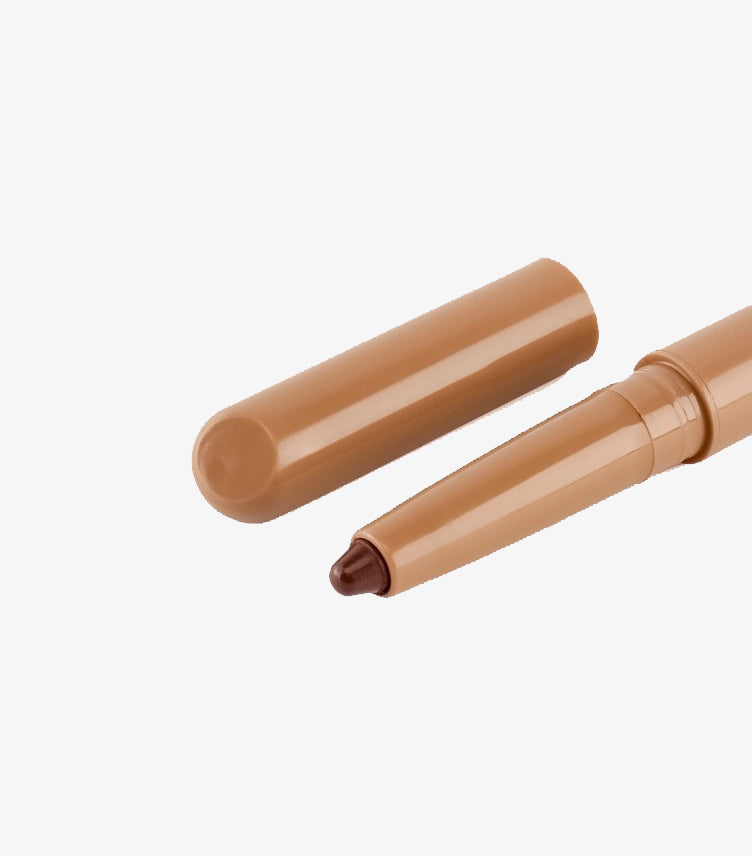 Rhode Peptide Lip Shape Lip Liner Retractable Pencil Open – Deep Chocolate Brown Tip Showing Peptide-Infused Formula in Tan Caramel Casing – Hailey Bieber Rhode Clean Beauty Lip Contour Pencil Close-Up