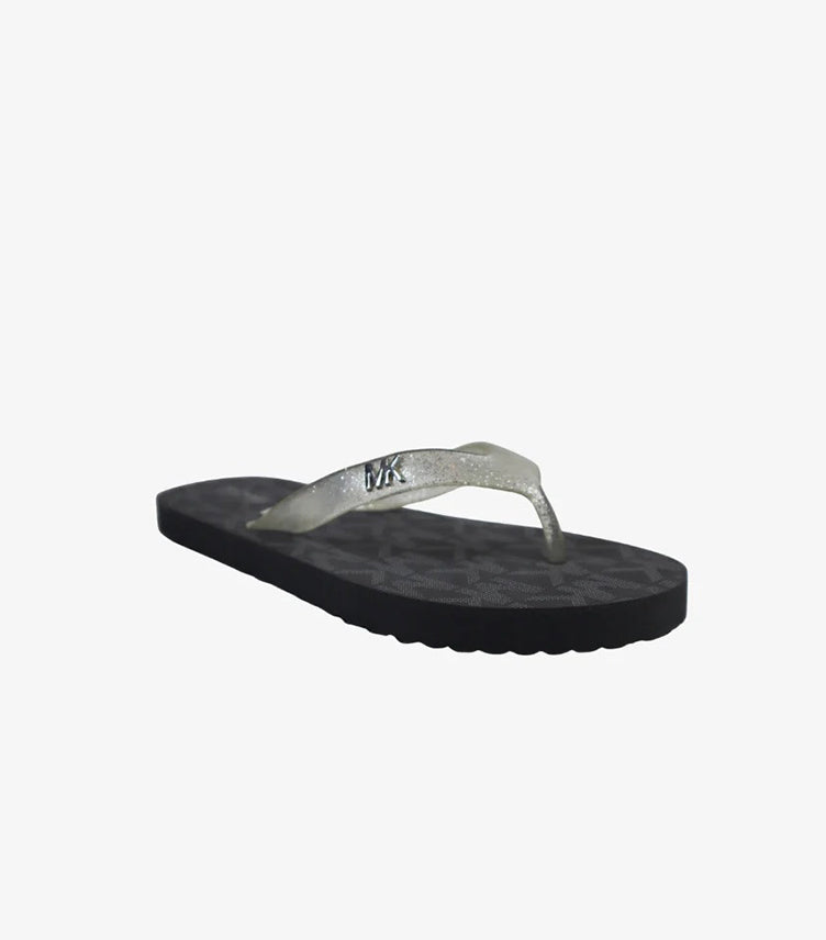 MICHAEL KORS BLACK MONOGRAM FLIP FLOPS WITH GLITTER STRAP