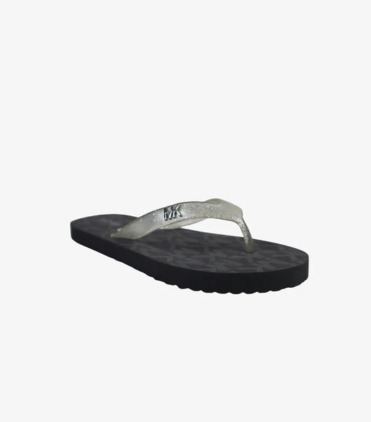 MICHAEL KORS BLACK MONOGRAM FLIP FLOPS WITH GLITTER STRAP