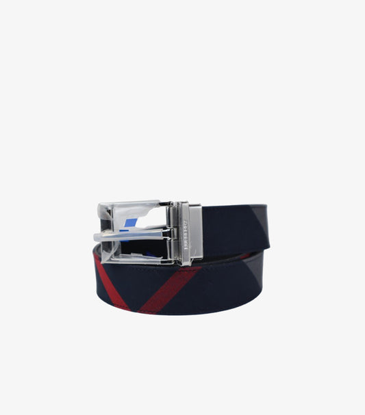 BURBERRY MEN’S REVERSIBLE BELT – NAVY WITH ICONIC STRIPE & SILVER BUCKLE