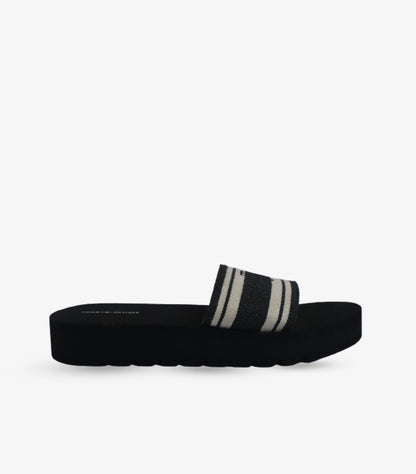 TORY BURCH WOMEN’S SLIDE – BLACK & CREAM STRIPED SLIP-ON